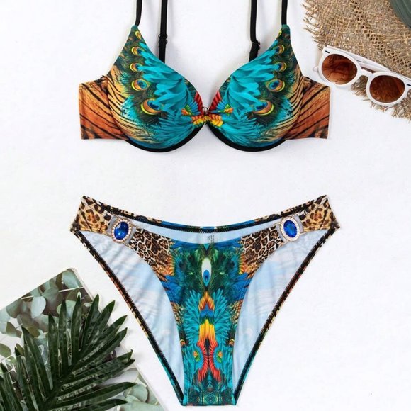 Boho Leopard & Feather Print Push Up Bikini Swimsuit - Picture 5 of 5